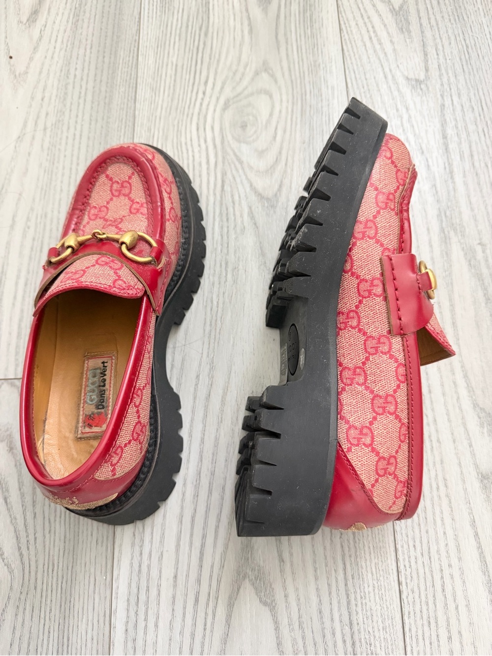 Gucci Pink-Red GG Canvas Horsebit Loafers - Picture 2 of 4